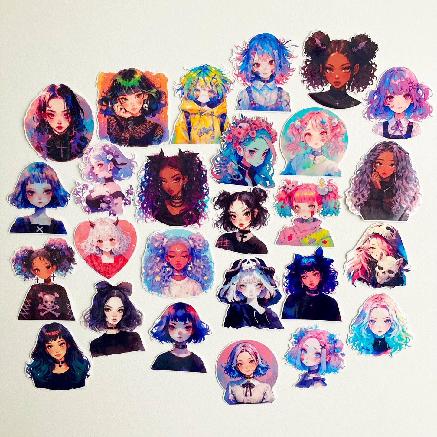 A collection of various anime-style character stickers, each with unique hairstyles, colors, and fashion styles, displayed on a plain white surface. Characters vary in hair color, skin tone, and expressions.